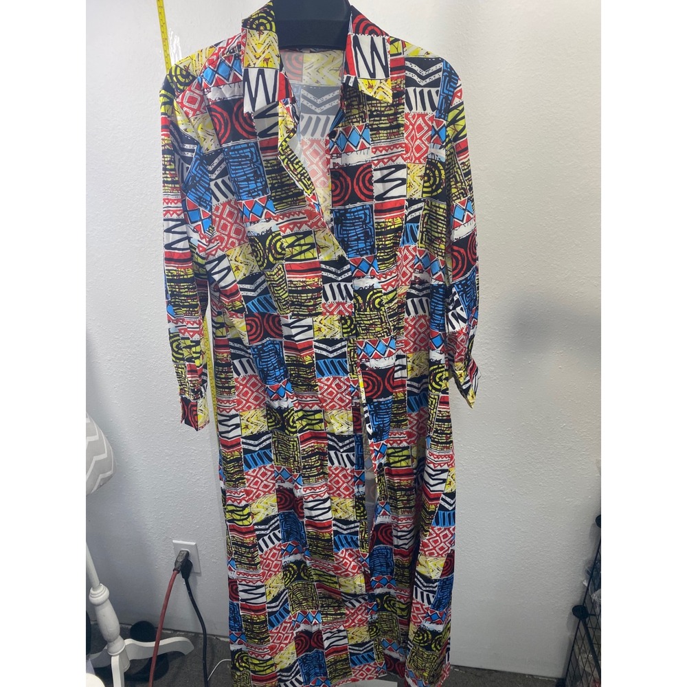 Geometric‎ Patchwork Print Maxi Shirt Dress Long Sleeve Multicolor 0XL